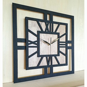 DEKORACYJNY DREWNIANY ZEGAR, NOWOCZESNY, LOFT, STYL INDUSTRIALNY, KWADRAT, DREWNO, 3 ROZMIARY 