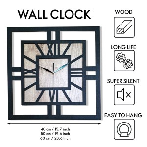 DEKORACYJNY DREWNIANY ZEGAR, NOWOCZESNY, LOFT, STYL INDUSTRIALNY, KWADRAT, DREWNO, 3 ROZMIARY 