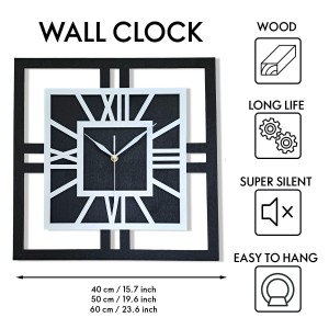 DEKORACYJNY DREWNIANY ZEGAR, NOWOCZESNY, LOFT, STYL INDUSTRIALNY, KWADRAT, DREWNO,MINIMALISTYCZNY, BIAŁY, 3 ROZMIARY 