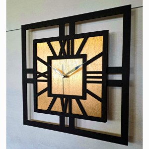 DEKORACYJNY DREWNIANY ZEGAR, NOWOCZESNY, LOFT, STYL INDUSTRIALNY, KWADRAT, DREWNO,MINIMALISTYCZNY,  ZŁOTY, 3 ROZMIARY 