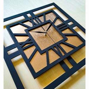 DEKORACYJNY DREWNIANY ZEGAR, NOWOCZESNY, LOFT, STYL INDUSTRIALNY, KWADRAT, DREWNO,MINIMALISTYCZNY,  ZŁOTY, 3 ROZMIARY 