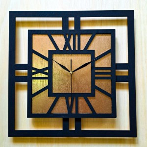 DEKORACYJNY DREWNIANY ZEGAR, NOWOCZESNY, LOFT, STYL INDUSTRIALNY, KWADRAT, DREWNO,MINIMALISTYCZNY,  ZŁOTY, 3 ROZMIARY 