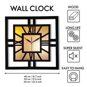 DEKORACYJNY DREWNIANY ZEGAR, NOWOCZESNY, LOFT, STYL INDUSTRIALNY, KWADRAT, DREWNO,MINIMALISTYCZNY,  ZŁOTY, 3 ROZMIARY 