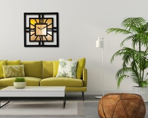 DEKORACYJNY DREWNIANY ZEGAR, NOWOCZESNY, LOFT, STYL INDUSTRIALNY, KWADRAT, DREWNO,MINIMALISTYCZNY,  ZŁOTY, 3 ROZMIARY 