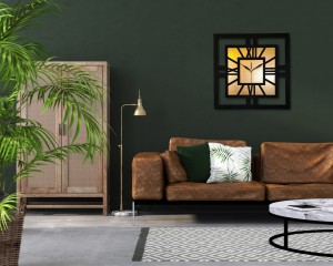 DEKORACYJNY DREWNIANY ZEGAR, NOWOCZESNY, LOFT, STYL INDUSTRIALNY, KWADRAT, DREWNO,MINIMALISTYCZNY,  ZŁOTY, 3 ROZMIARY 