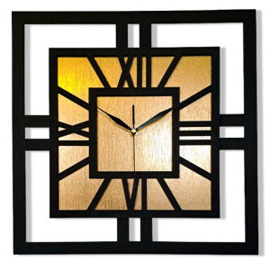 DEKORACYJNY DREWNIANY ZEGAR, NOWOCZESNY, LOFT, STYL INDUSTRIALNY, KWADRAT, DREWNO,MINIMALISTYCZNY,  ZŁOTY, 3 ROZMIARY 