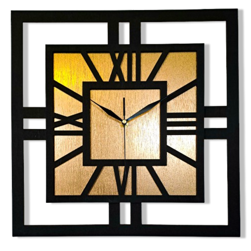 DEKORACYJNY DREWNIANY ZEGAR, NOWOCZESNY, LOFT, STYL INDUSTRIALNY, KWADRAT, DREWNO,MINIMALISTYCZNY,  ZŁOTY, 3 ROZMIARY 