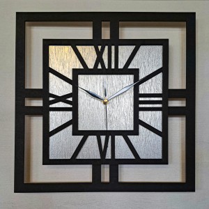 DEKORACYJNY DREWNIANY ZEGAR, NOWOCZESNY, LOFT, STYL INDUSTRIALNY, KWADRAT, DREWNO,MINIMALISTYCZNY,  SREBRNY, 3 ROZMIARY 