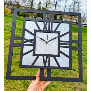 DEKORACYJNY DREWNIANY ZEGAR, NOWOCZESNY, LOFT, STYL INDUSTRIALNY, KWADRAT, DREWNO,MINIMALISTYCZNY,  SREBRNY, 3 ROZMIARY 