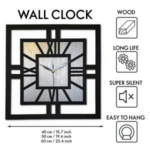 DEKORACYJNY DREWNIANY ZEGAR, NOWOCZESNY, LOFT, STYL INDUSTRIALNY, KWADRAT, DREWNO,MINIMALISTYCZNY,  SREBRNY, 3 ROZMIARY 