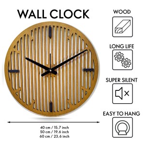 DEKORACYJNY DREWNIANY ZEGAR, NOWOCZESNY, LOFT, STYL INDUSTRIALNY, DREWNO,MINIMALISTYCZNY,  LAMELE, DĄB, 3 ROZMIARY