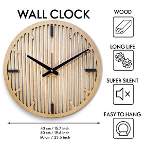 DEKORACYJNY DREWNIANY ZEGAR, NOWOCZESNY, LOFT, STYL INDUSTRIALNY, DREWNO,MINIMALISTYCZNY,  LAMELE, WIĄZ, 3 ROZMIARY 