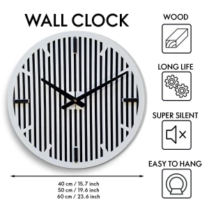 DEKORACYJNY DREWNIANY ZEGAR, NOWOCZESNY, LOFT, STYL INDUSTRIALNY, DREWNO,MINIMALISTYCZNY,  LAMELE, BIAŁY, 3 ROZMIARY 