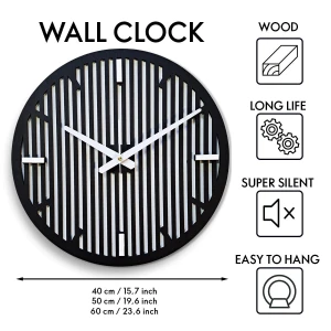 DEKORACYJNY DREWNIANY ZEGAR, NOWOCZESNY, LOFT, STYL INDUSTRIALNY, DREWNO,MINIMALISTYCZNY,  LAMELE, CZARNY, 3 ROZMIARY 