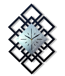 DEKORACYJNY DREWNIANY ZEGAR, NOWOCZESNY, LOFT, STYL INDUSTRIALNY, DREWNO,MINIMALISTYCZNY, GEOMETRYCZNY, LOFTOWY , CZARNO - SREBRNY (1)