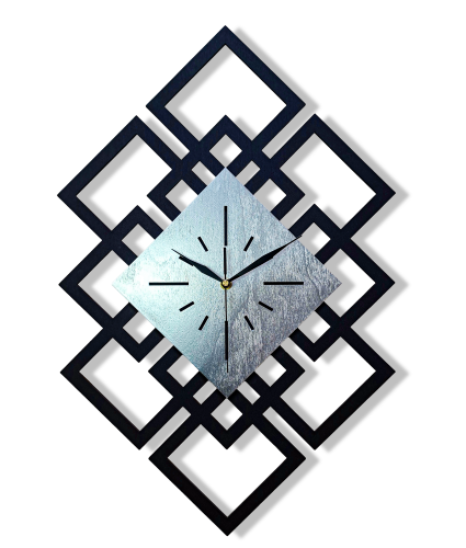 DEKORACYJNY DREWNIANY ZEGAR, NOWOCZESNY, LOFT, STYL INDUSTRIALNY, DREWNO,MINIMALISTYCZNY, GEOMETRYCZNY, LOFTOWY , CZARNO - SREBRNY (1)