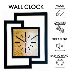 DUŻY, NOWOCZESNY ZEGAR ŚCIENNY,GEOMETRYCZNY,  PROSTOKĄT, ABSTRAKCYJNY, MINIMALISTYCZNY, LOFT, HANDMADE, DREWNO, ZŁOTY DĄB 44 x 56 cm 