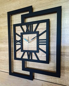 DUŻY, NOWOCZESNY ZEGAR ŚCIENNY,GEOMETRYCZNY, LOFT, HANDMADE, DREWNO, 44 x 56 cm, DĄB JASNY