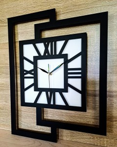DUŻY, NOWOCZESNY ZEGAR ŚCIENNY,GEOMETRYCZNY,  MINIMALISTYCZNY, LOFT, HANDMADE, DREWNO, CZARNO - BIAŁY,  CYFRY RZYMSKIE, 44 x 56 cm    