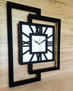 DUŻY, NOWOCZESNY ZEGAR ŚCIENNY,GEOMETRYCZNY,  MINIMALISTYCZNY, LOFT, HANDMADE, DREWNO, CZARNO - BIAŁY,  CYFRY RZYMSKIE, 44 x 56 cm    