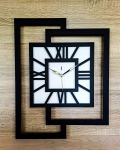 DUŻY, NOWOCZESNY ZEGAR ŚCIENNY,GEOMETRYCZNY,  MINIMALISTYCZNY, LOFT, HANDMADE, DREWNO, CZARNO - BIAŁY,  CYFRY RZYMSKIE, 44 x 56 cm    