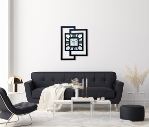 DUŻY, NOWOCZESNY ZEGAR ŚCIENNY,GEOMETRYCZNY,  MINIMALISTYCZNY, LOFT, HANDMADE, DREWNO, CZARNO - BIAŁY,  CYFRY RZYMSKIE, 44 x 56 cm    