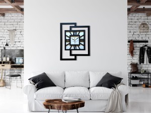 DUŻY, NOWOCZESNY ZEGAR ŚCIENNY,GEOMETRYCZNY,  MINIMALISTYCZNY, LOFT, HANDMADE, DREWNO, CZARNO - BIAŁY,  CYFRY RZYMSKIE, 44 x 56 cm    