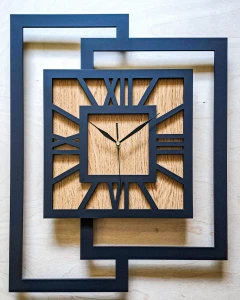 DUŻY, NOWOCZESNY ZEGAR ŚCIENNY,GEOMETRYCZNY,  MINIMALISTYCZNY, LOFT, HANDMADE, DREWNO, DĄB ZŁOTY,  CYFRY RZYMSKIE, 44 x 56 cm   
