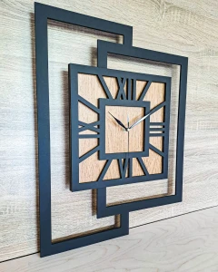 DUŻY, NOWOCZESNY ZEGAR ŚCIENNY,GEOMETRYCZNY,  MINIMALISTYCZNY, LOFT, HANDMADE, DREWNO, DĄB ZŁOTY,  CYFRY RZYMSKIE, 44 x 56 cm   
