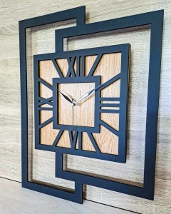 DUŻY, NOWOCZESNY ZEGAR ŚCIENNY,GEOMETRYCZNY,  MINIMALISTYCZNY, LOFT, HANDMADE, DREWNO, DĄB ZŁOTY,  CYFRY RZYMSKIE, 44 x 56 cm   