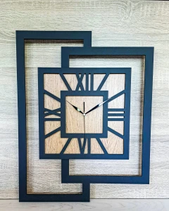 DUŻY, NOWOCZESNY ZEGAR ŚCIENNY,GEOMETRYCZNY,  MINIMALISTYCZNY, LOFT, HANDMADE, DREWNO, DĄB ZŁOTY,  CYFRY RZYMSKIE, 44 x 56 cm   
