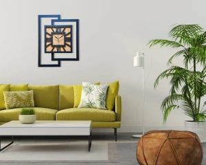 DUŻY, NOWOCZESNY ZEGAR ŚCIENNY,GEOMETRYCZNY,  MINIMALISTYCZNY, LOFT, HANDMADE, DREWNO, DĄB ZŁOTY,  CYFRY RZYMSKIE, 44 x 56 cm   