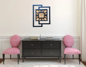 DUŻY, NOWOCZESNY ZEGAR ŚCIENNY,GEOMETRYCZNY,  MINIMALISTYCZNY, LOFT, HANDMADE, DREWNO, DĄB ZŁOTY,  CYFRY RZYMSKIE, 44 x 56 cm   