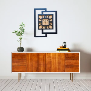 DUŻY, NOWOCZESNY ZEGAR ŚCIENNY,GEOMETRYCZNY,  MINIMALISTYCZNY, LOFT, HANDMADE, DREWNO, DĄB ZŁOTY,  CYFRY RZYMSKIE, 44 x 56 cm   