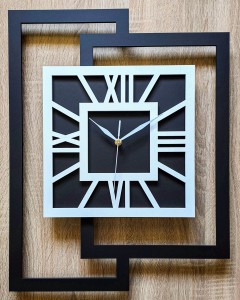 DUŻY, NOWOCZESNY ZEGAR ŚCIENNY,GEOMETRYCZNY,  MINIMALISTYCZNY, LOFT, HANDMADE, CZARNO - BIAŁY, 44 x 56 cm  