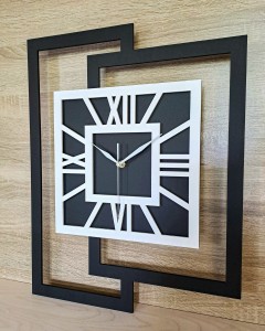 DUŻY, NOWOCZESNY ZEGAR ŚCIENNY,GEOMETRYCZNY,  MINIMALISTYCZNY, LOFT, HANDMADE, CZARNO - BIAŁY, 44 x 56 cm  