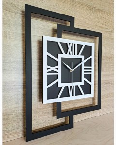 DUŻY, NOWOCZESNY ZEGAR ŚCIENNY,GEOMETRYCZNY,  MINIMALISTYCZNY, LOFT, HANDMADE, CZARNO - BIAŁY, 44 x 56 cm  