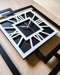 DUŻY, NOWOCZESNY ZEGAR ŚCIENNY,GEOMETRYCZNY,  MINIMALISTYCZNY, LOFT, HANDMADE, CZARNO - BIAŁY, 44 x 56 cm  