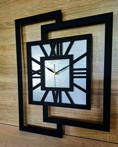 DUŻY, NOWOCZESNY ZEGAR ŚCIENNY,GEOMETRYCZNY,  MINIMALISTYCZNY, LOFT, HANDMADE, SREBRNY , 44 x 56 cm 
