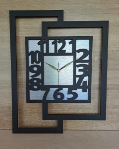 DUŻY, NOWOCZESNY ZEGAR ŚCIENNY,GEOMETRYCZNY, DO SALONU, MINIMALISTYCZNY, LOFT, HANDMADE, SREBRNY, 44 x 56 cm