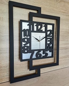 DUŻY, NOWOCZESNY ZEGAR ŚCIENNY,GEOMETRYCZNY, DO SALONU, MINIMALISTYCZNY, LOFT, HANDMADE, SREBRNY, 44 x 56 cm