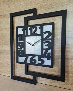 DUŻY, NOWOCZESNY ZEGAR ŚCIENNY,GEOMETRYCZNY, DO SALONU, MINIMALISTYCZNY, LOFT, HANDMADE, SREBRNY, 44 x 56 cm