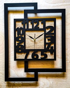 DUŻY, NOWOCZESNY ZEGAR ŚCIENNY,GEOMETRYCZNY, DO SALONU, MINIMALISTYCZNY, LOFT, HANDMADE, DREWNO, 44 x 56 cm