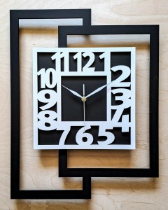 DUŻY, NOWOCZESNY ZEGAR ŚCIENNY DO SALONU, GEOMETRYCZNY,  MINIMALISTYCZNY, LOFT, HANDMADE, BIAŁO - CZARNY,  44 x 56 cm  