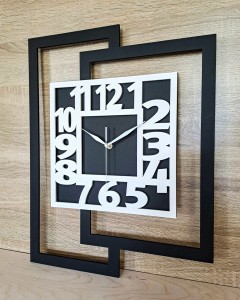 DUŻY, NOWOCZESNY ZEGAR ŚCIENNY DO SALONU, GEOMETRYCZNY,  MINIMALISTYCZNY, LOFT, HANDMADE, BIAŁO - CZARNY,  44 x 56 cm  