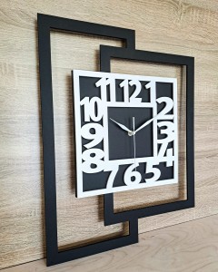DUŻY, NOWOCZESNY ZEGAR ŚCIENNY DO SALONU, GEOMETRYCZNY,  MINIMALISTYCZNY, LOFT, HANDMADE, BIAŁO - CZARNY,  44 x 56 cm  
