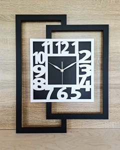 DUŻY, NOWOCZESNY ZEGAR ŚCIENNY DO SALONU, GEOMETRYCZNY,  MINIMALISTYCZNY, LOFT, HANDMADE, BIAŁO - CZARNY,  44 x 56 cm  