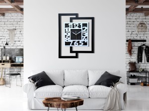 DUŻY, NOWOCZESNY ZEGAR ŚCIENNY DO SALONU, GEOMETRYCZNY,  MINIMALISTYCZNY, LOFT, HANDMADE, BIAŁO - CZARNY,  44 x 56 cm  