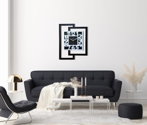 DUŻY, NOWOCZESNY ZEGAR ŚCIENNY DO SALONU, GEOMETRYCZNY,  MINIMALISTYCZNY, LOFT, HANDMADE, BIAŁO - CZARNY,  44 x 56 cm  