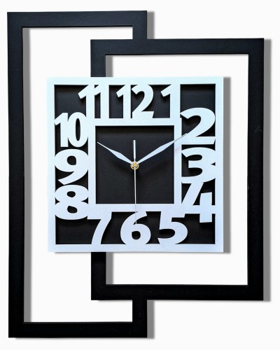 DUŻY, NOWOCZESNY ZEGAR ŚCIENNY DO SALONU, GEOMETRYCZNY,  MINIMALISTYCZNY, LOFT, HANDMADE, BIAŁO - CZARNY,  44 x 56 cm  